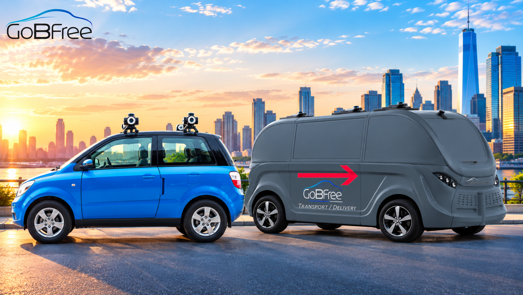 GoBFree autonomous vehicle and delivery pod parked in front of a city skyline
